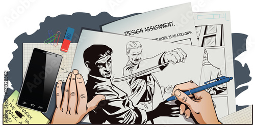 People in retro style. Fight of two men.