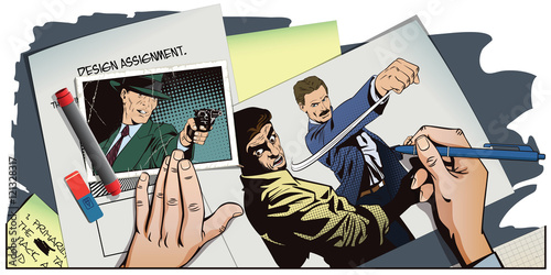 People in retro style. Fight of two men.