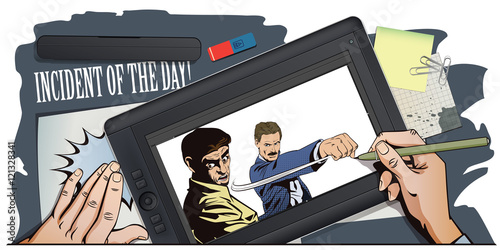 People in retro style. Fight of two men.