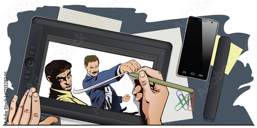 People in retro style. Fight of two men.