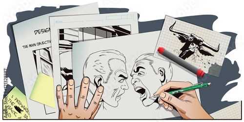 People in retro style. Two men swear.