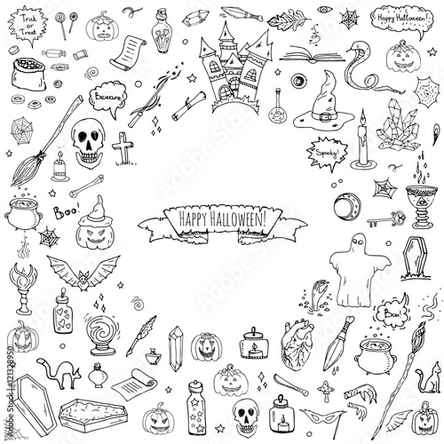 Hand drawn doodle Happy Halloween icons set. Vector illustration. Holiday symbols collection. Cartoon various sketch elements: pumpkin, ghost, castle, bat, candy, witches cauldron, zombie hand, skull