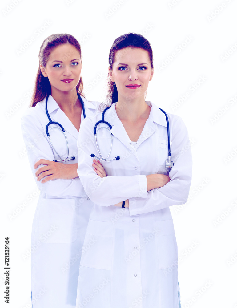 Two young woman doctor , standing in hospital