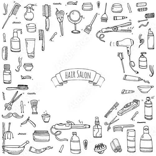 Hand drawn doodle Hair salon icons set. Vector illustration. Barber symbols collection. Cartoon hairdressing equipment elements: shampoo, mask, hair die, scissors, iron, curlers, dryer, razor.