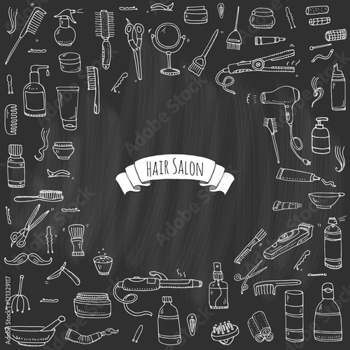 Hand drawn doodle Hair salon icons set. Vector illustration. Barber symbols collection. Cartoon hairdressing equipment elements: shampoo, mask, hair die, scissors, iron, curlers, dryer, razor.
