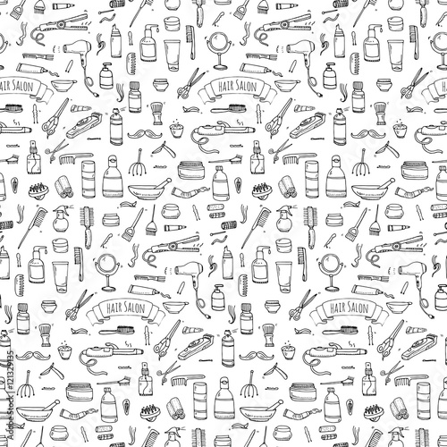 Hand drawn doodle Hair salon icons set. Vector illustration. Barber symbols collection. Cartoon hairdressing equipment elements: shampoo, mask, hair die, scissors, iron, curlers, dryer, razor.