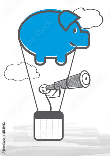 Investor sucht mit einem Fernrohr den Finanzmarkt ab - Strichmännchen Illustration
