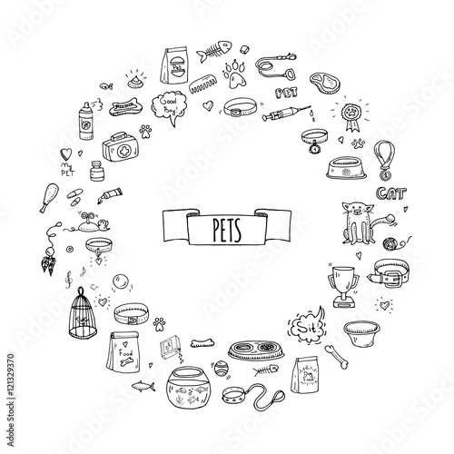 Hand drawn doodle Pets stuff and supply icons set. Vector illustration. Vet symbol collection. Cartoon dogs and cats care elements: kennel, leash, food, paw, bowl, bone and other goods for pet shop