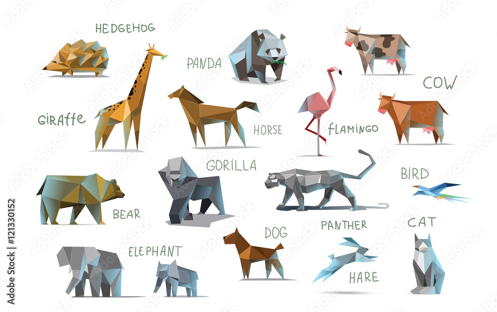 Φωτογραφία Vector set of different animals, polygonal icons, low poly illustration