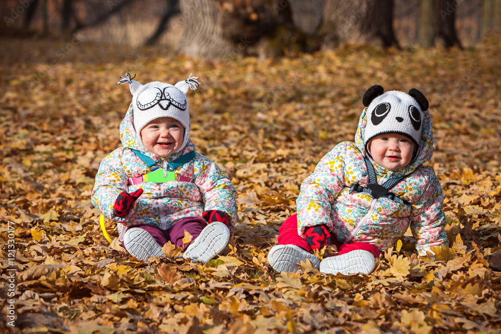 The two little baby girls sitting in autumn leaves The two little baby girls sitting in autumn leaves