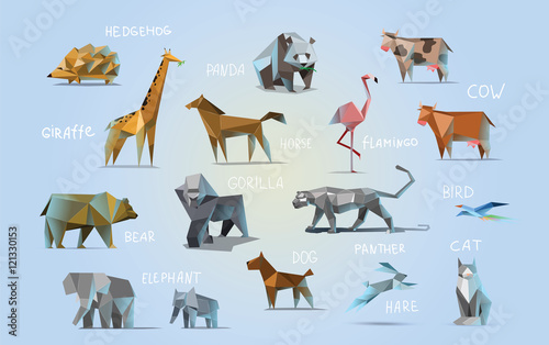 Vector set of different animals, polygonal icons, low poly illustration