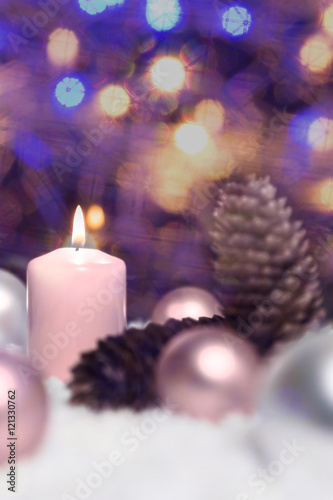 festive glitter background, christmas balls, fir cones and candl
