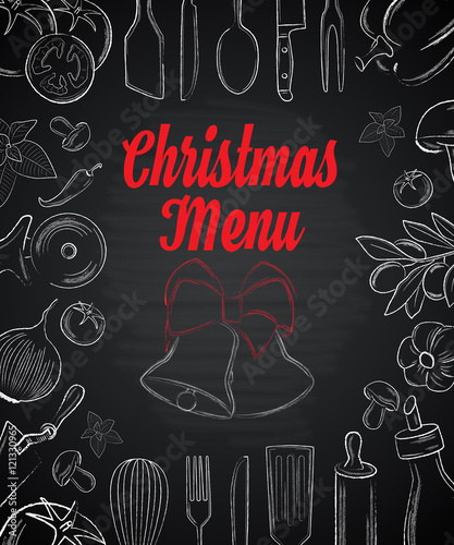 Christas menu front page with hand drawn elements on black backg