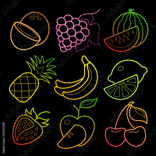Neon line art colorful fruit icons set on black background