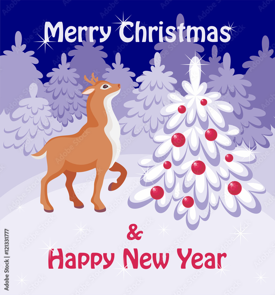 Merry Christmas greeting card with the image of a fairy-tale winter forest, Christmas tree and fawn Merry Christmas greeting card with the image of a fairy-tale winter forest, Christmas tree and fawn