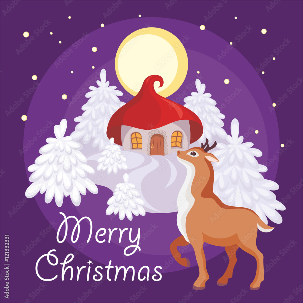 Merry Christmas greeting card with the image of a fairy-tale winter forest, small house and fawn Merry Christmas greeting card with the image of a fairy-tale winter forest, small house and fawn