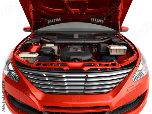 Foto open hood of a car with view of the engine 3d render on white