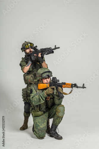 Group of russian soldiers on white background