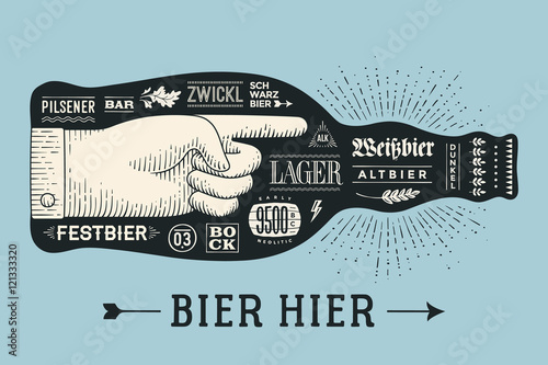 Bottle of beer with hand drawn lettering and text Bier Hier for Oktoberfest Beer Festival. Vintage drawing for bar, pub, beer themes. Isolated black bottle of beer with lettering. Vector Illustration