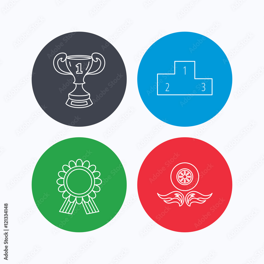 Winner cup, podium and award medal icons. Winner cup, podium and award medal icons.