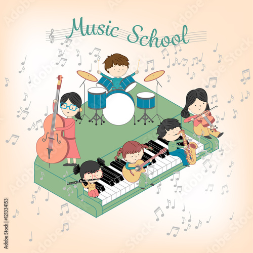 Children music school composition with boys and girls playing many instruments vector illustration set