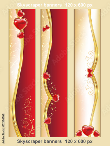 Elegant bi-color set web banners with hearts. Skyscraper size. Contains place for your own text. Easy to modify or to adjust. All on separated layers. Can be used for Valentine's Day, weddings, etc