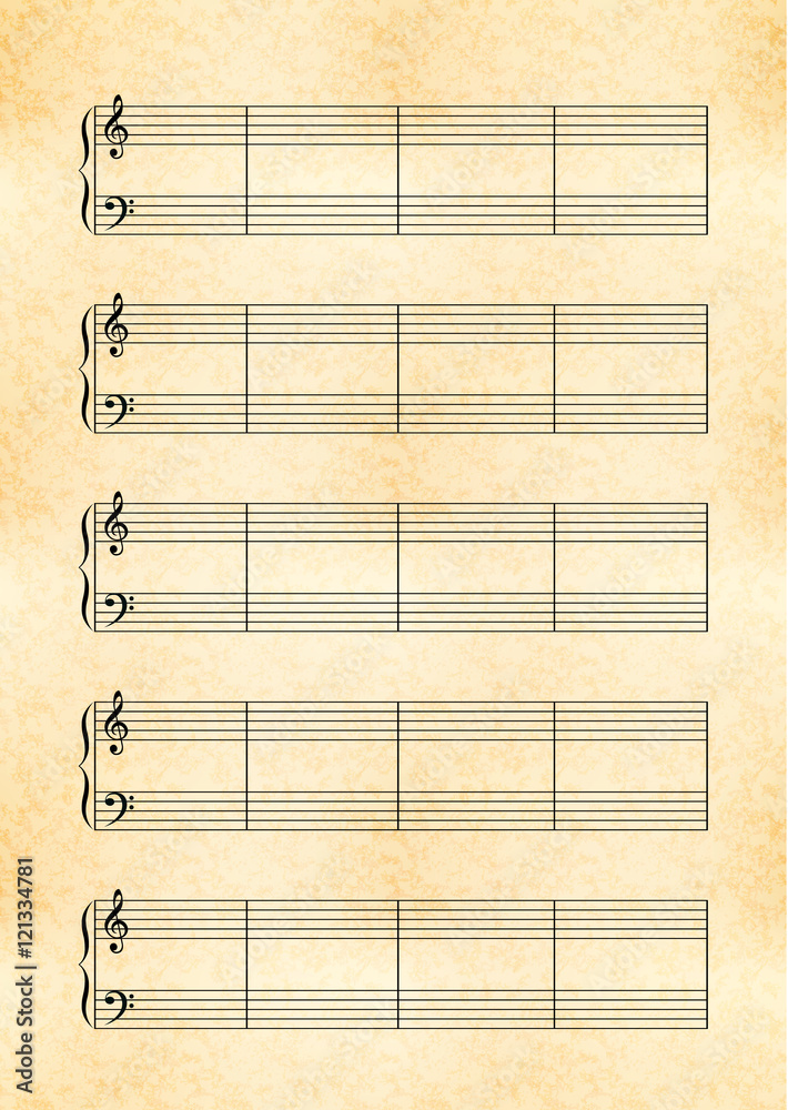 a4 size yellow sheet of old paper with music note stave with treble and