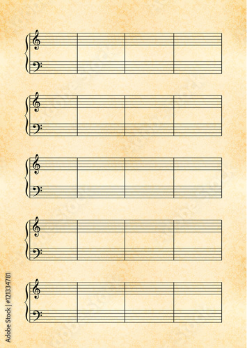 a4 size yellow sheet of old paper with music note stave with treble and bass clef