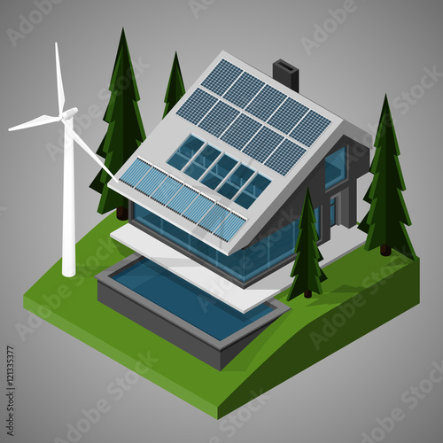 Modern non volatile autonomous house with a lawn and a swimming pool. Vector isometric illustration.