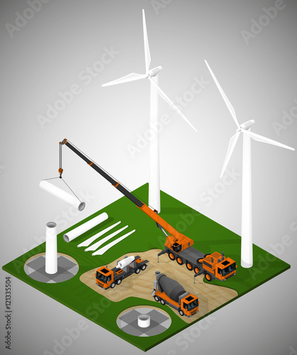 Vector isometric illustration describing a wind farm under construction. Pouring the foundation, installation of towers, installation of components of the turbine.