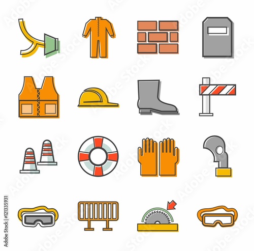 Labor protection, contour icons, colored. Vector flat icons with protective clothing and items of human security. Color linear image on a white background. 