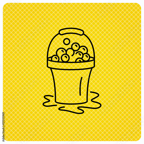 Soapy cleaning icon. Bucket with foam and bubble.