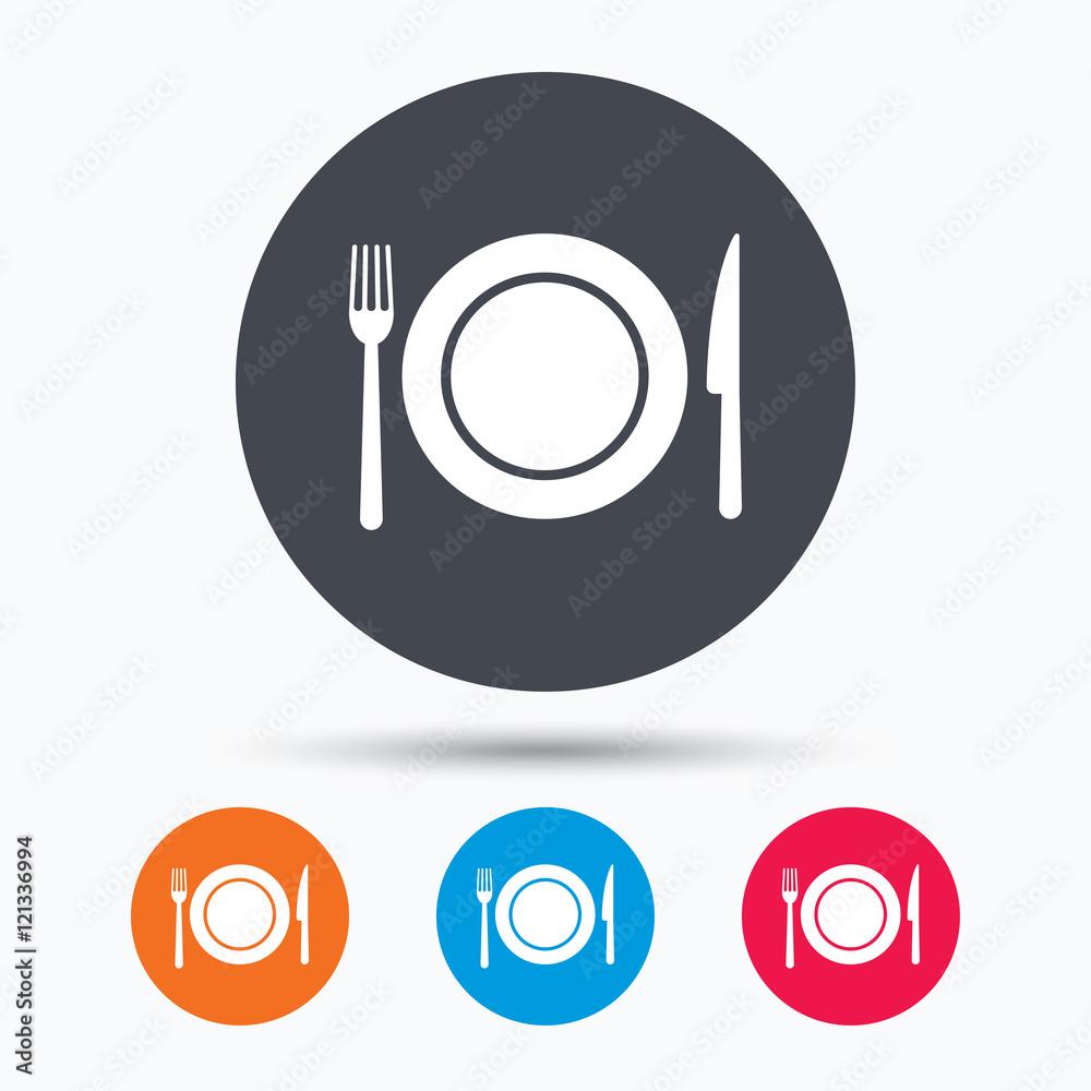 Dish, fork and knife icons. Cutlery sign. Dish, fork and knife icons. Cutlery sign.