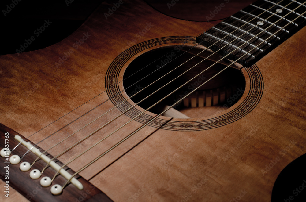 Close-up shot of mahogany guitar's features and sound hole Close-up shot of mahogany guitar's features and sound hole