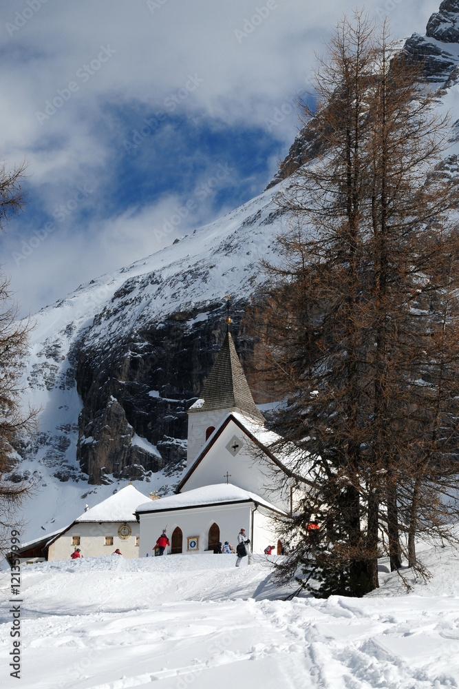 The Sanctuary of Santa Croce. It is located above the village of San Leonardo in Badia. The sanctuary is located at the foot of the Sasso di Santa Croce, in Val Badia. South Tyrol, Italy