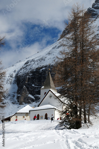 The Sanctuary of Santa Croce. It is located above the village of San Leonardo in Badia. The sanctuary is located at the foot of the Sasso di Santa Croce, in Val Badia. South Tyrol, Italy © Dan74