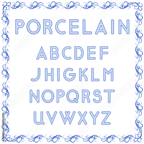 Font with elements of Chinese porcelain. Around the character is a blue pattern in form of frame. The pattern on the letters consists of stylized grass.