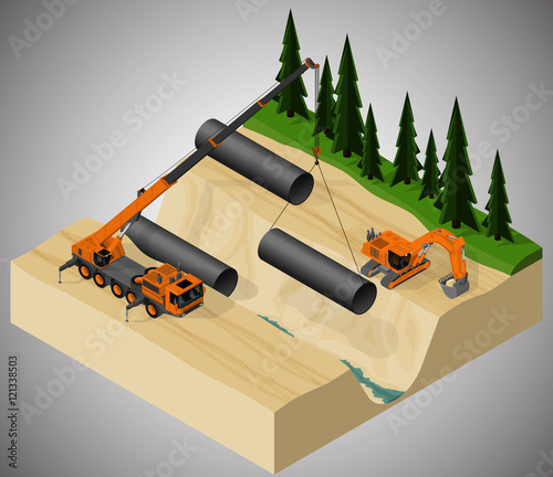 Vector isometric illustration describing the pipeline construction process, using a mobile crane and a excavator.