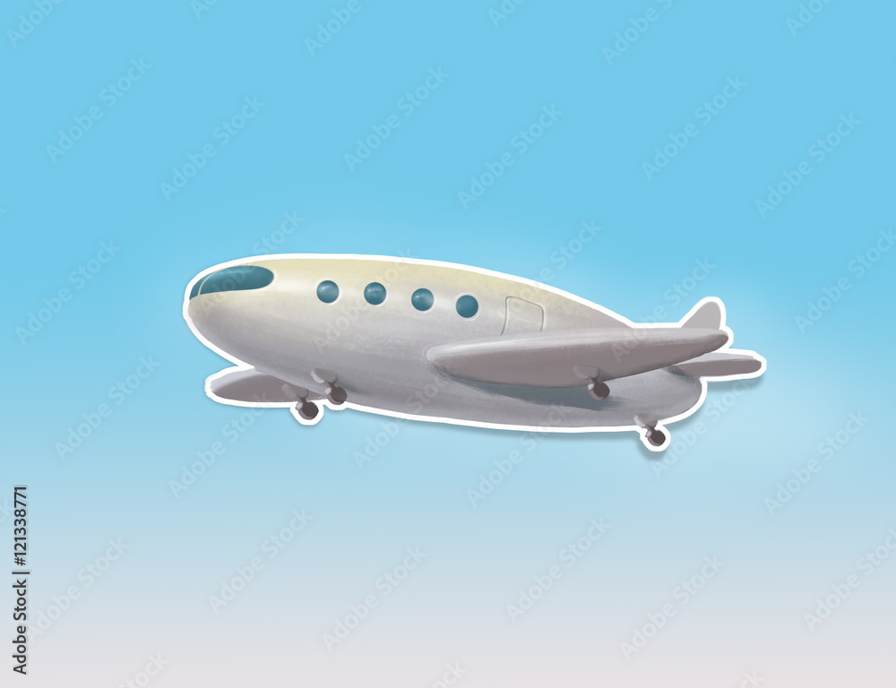 Illustration poster with white passenger airliner with shadow on blue background