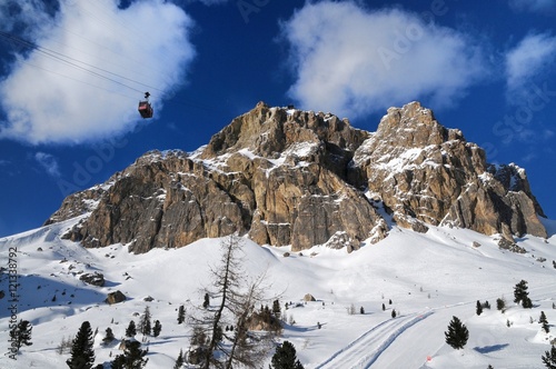 Dolomites in Veneto. The cable car that takes you from Passo Falzarego to the top of Lagazuoi. Cortina d'Ampezzo, Italy