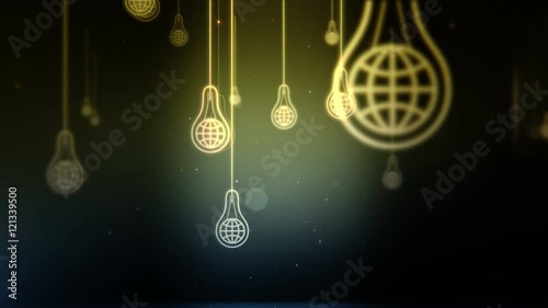 Group of light bulb shapes with earth symbol inside on dark background with camera animation