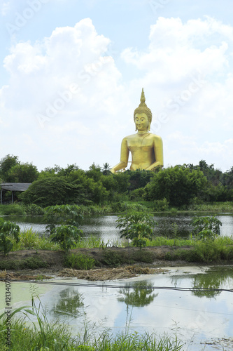 Big golden and art of buddha at Wat muang, Angthong province, Th