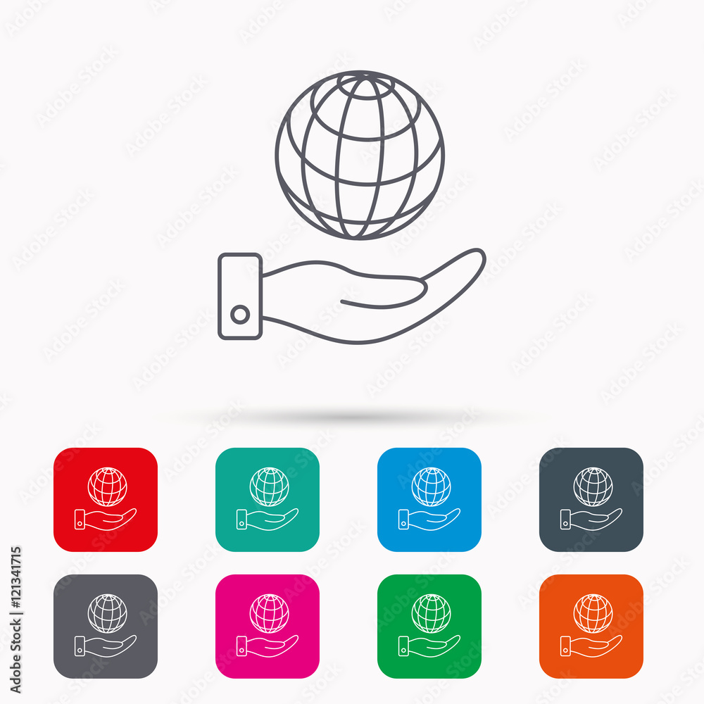 Save planet icon. Hand with globe sign. Save planet icon. Hand with globe sign.