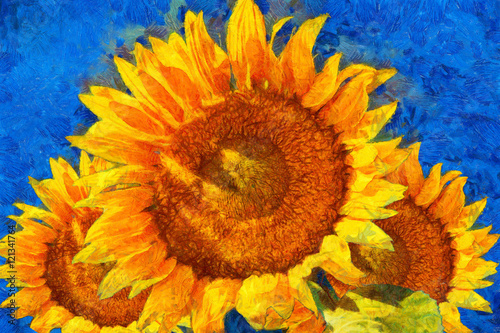 Sunflowers.Van Gogh style imitation. Digital imitation of post impressionism oil painting. photo