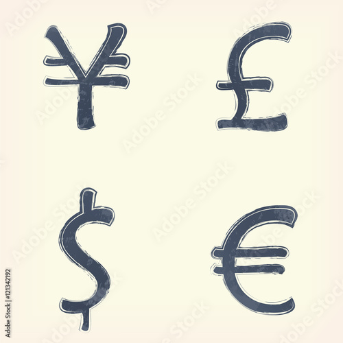 Gray money pound, euro, yen, dollar sign icon, symbol , pale yellow background. Painted design element. Watercolor illustration for web or typography magazine, brochure, flyer, poster .