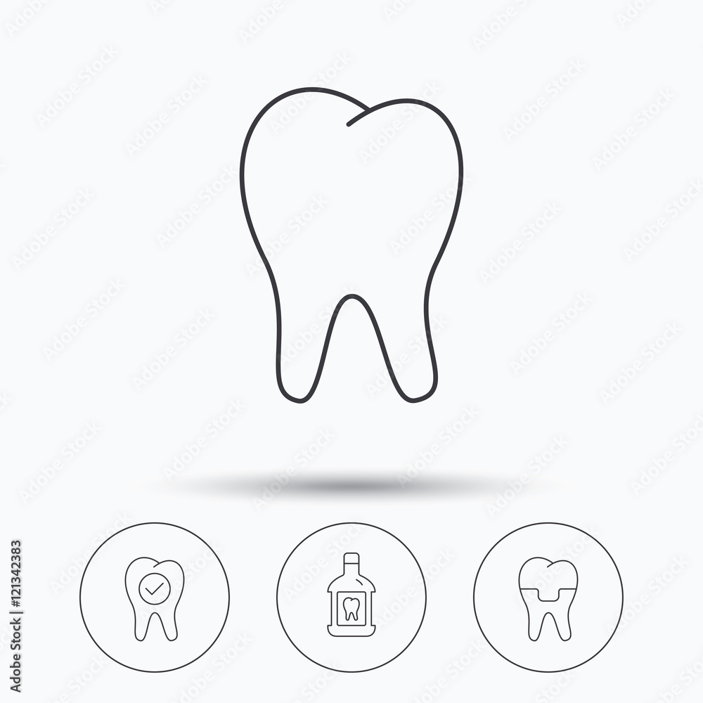 Tooth, dental crown and mouthwash icons. Tooth, dental crown and mouthwash icons.
