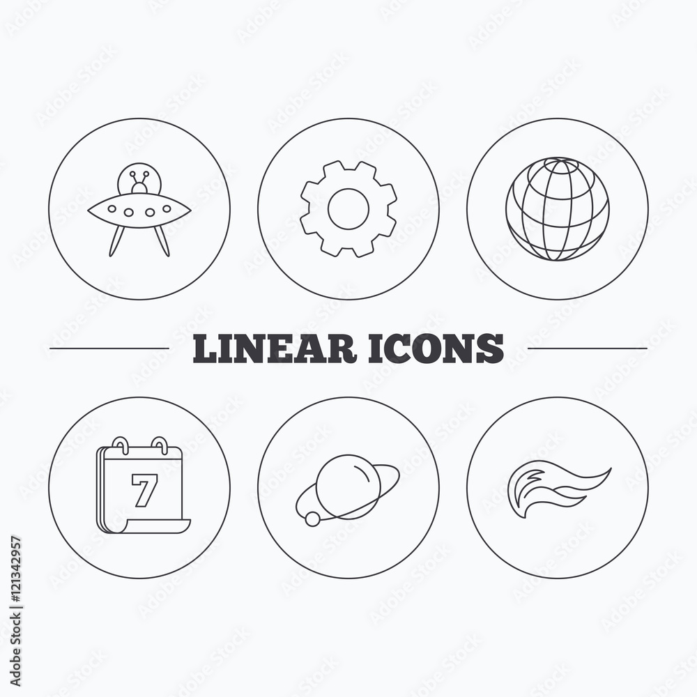 Ufo, planet and fire flame icons. Ufo, planet and fire flame icons.