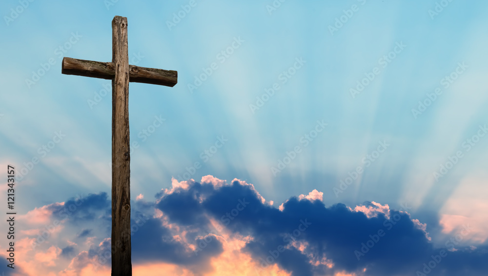 Christian cross over beautiful sky - obrazy, fototapety, plakaty 