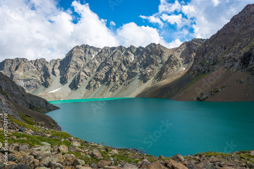Landscape with mountain lake Ala-Kul, Kyrgyzstan.