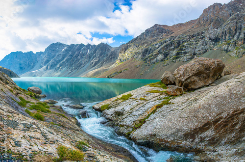 Panorama mountain lake Ala-Kul, Kyrgyzstan.